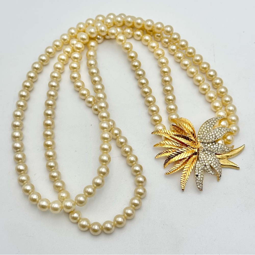 Vintage Double Strand Faux Pearl Necklace Ornate Clasp Rhinestone Gold Tone